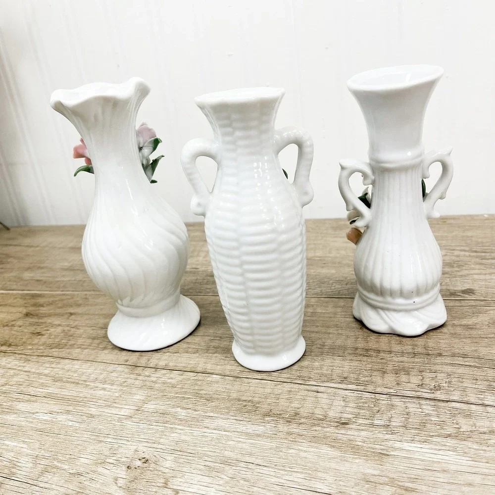 Vintage White Porcelain Miniature Bud Vases Set of 3 Applied 3D Floral Accents